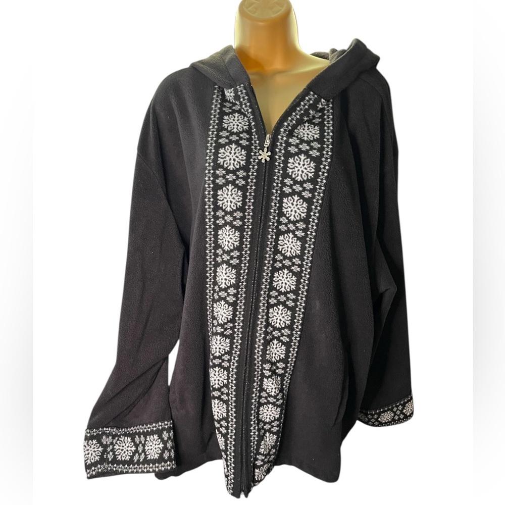 Vintage 90s Y2K Fashion Bug Zip Fleece Hoodie Snowflake Trim Black 30/32W